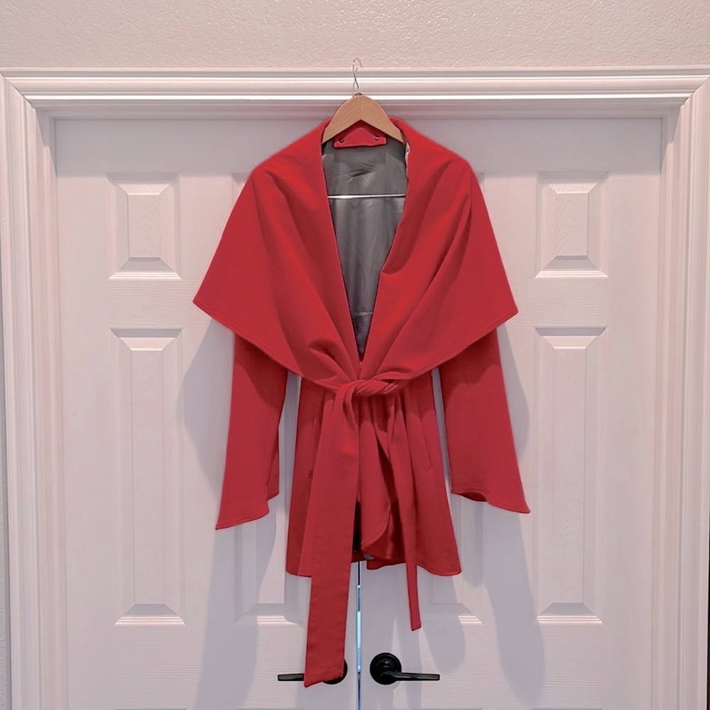 Belted Shawl Collar Coat - size M, red